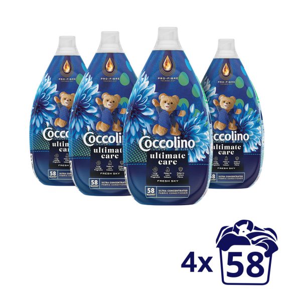 Coccolino Fresh Sky ultrakoncentrált öblítő 4x870 ml (232 mosás) + AJÁNDÉK Coccolino maci