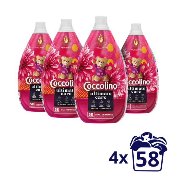 Coccolino Fuchsia Passion ultrakoncentrált öblítő 4x870 ml (232 mosás) + AJÁNDÉK Coccolino maci