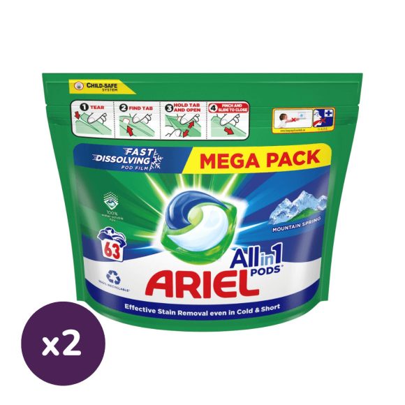 INGYENES SZÁLLÍTÁS - Ariel All-in-1 PODS Mountain Spring mosókapszula (2x63 db)