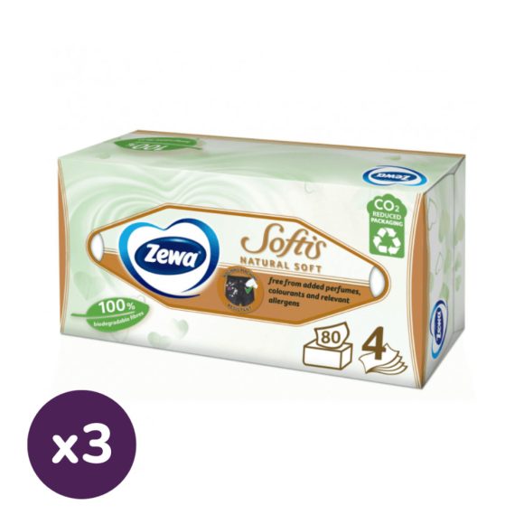 Zewa Softis Natural Soft 4 rétegű illatmentes dobozos papírzsebkendő (3x80 db)