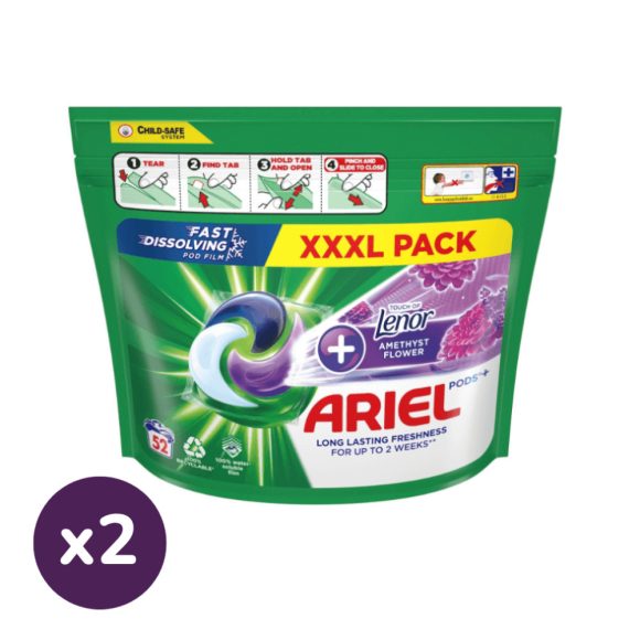 INGYENES SZÁLLÍTÁS - Ariel All-in-1 PODS Touch of Lenor Amethyst Flower mosókapszula (2x52 db)+ AJÁNDÉK Mosózsák