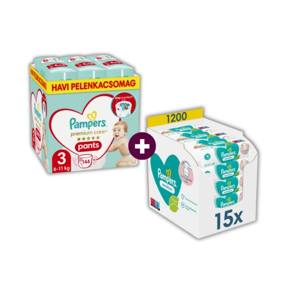 INGYENES SZÁLLÍTÁS - Pampers Premium Care Pants bugyipelenka 3, 6-11 kg, HAVI PELENKACSOMAG 144 db + Pampers Sensitive nedves törlőkendő 