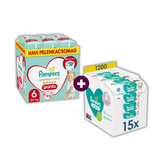 INGYENES SZÁLLÍTÁS - Pampers Premium Care Pants bugyipelenka 6, 15 kg+, HAVI PELENKACSOMAG 93 db + Pampers Sensitive nedves törlőkendő 