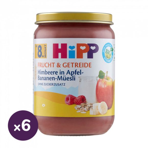 Hipp BIO Alma-banán-málna müzlis joghurttal, 8 hó+ (6x190 g)