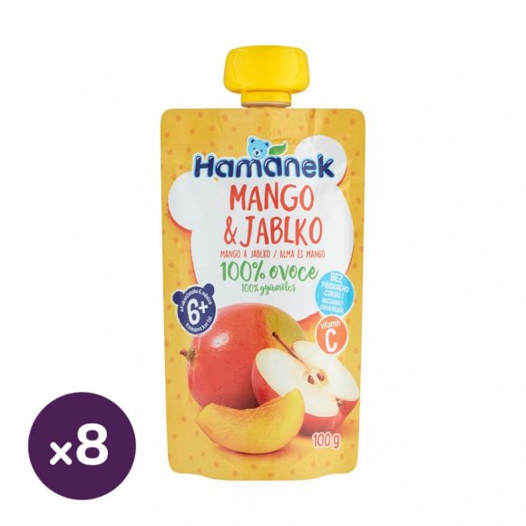 Hamánek tasakos gyümölcspüré alma-mangóval, 6 hó+ (8x100 g)