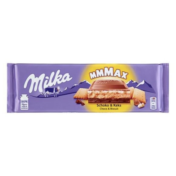 Milka Mmmax alpesi tejcsokoládé, kakaós tejes krémtöltelékkel és keksszel töltve 300g