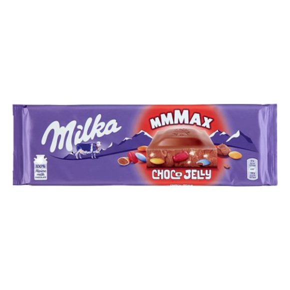 Milka Mmmax alpesi tejcsokoládé, meggyes zselédarabkákkal cukordrazséval és robbanócukorkával 250g