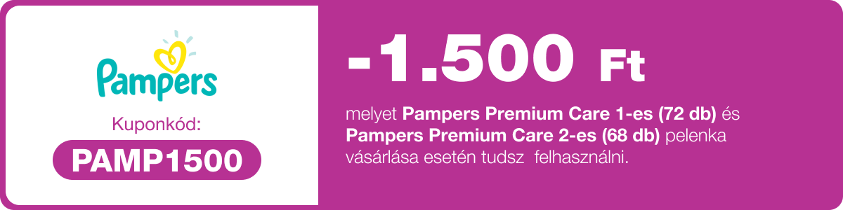 -1500 Ft kedvezmény Pampers Premium Care 1-es (72 db) és 2-es (68 db) pelenkákra.